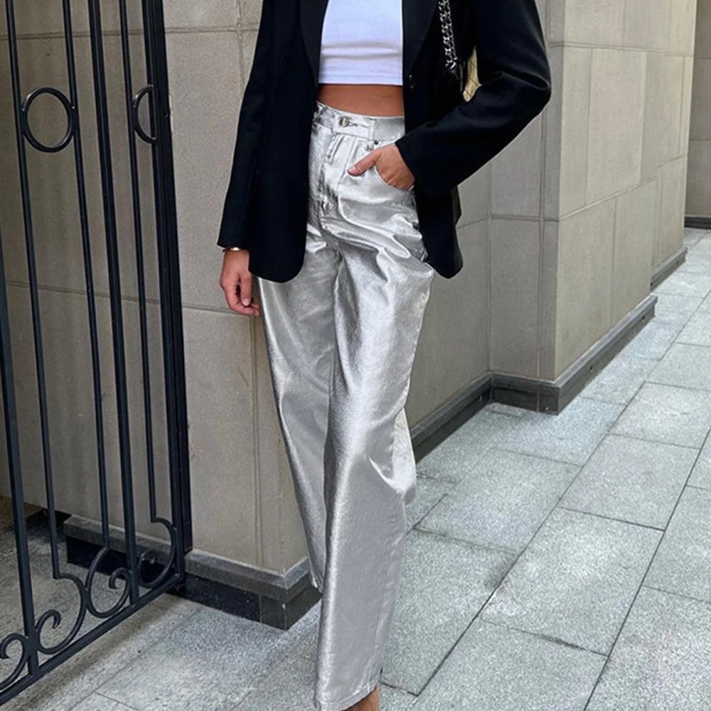 Metallic Leather Straight Leg Pants